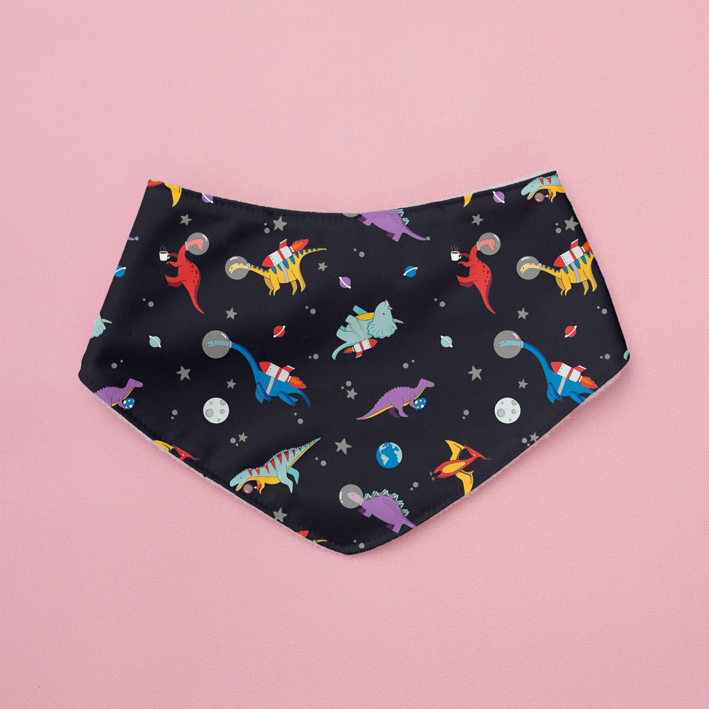 Black bandana with colorful dinosaur and space-themed pattern on a pink background