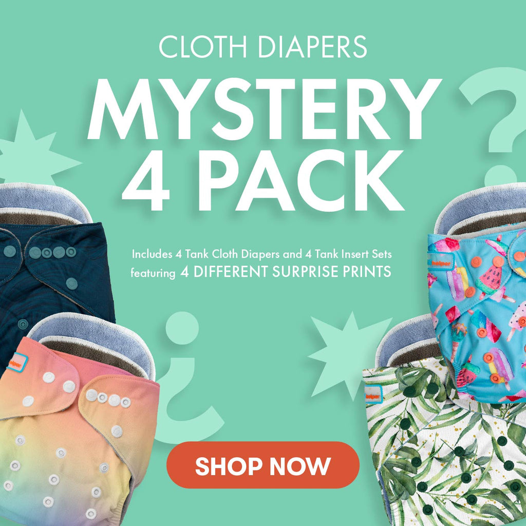 Promotional image for cloth diapers with colorful designs on a green background