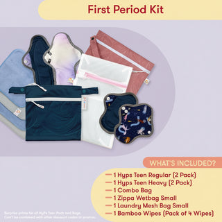 First period kit with various items on a peach background