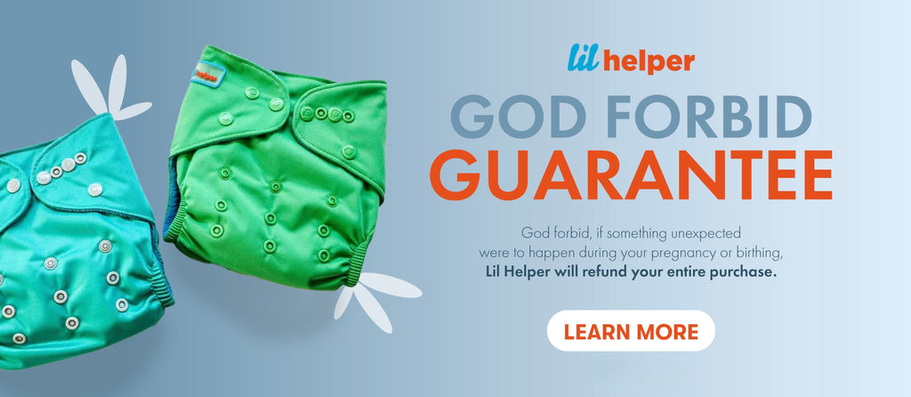 Two green baby diapers with text about a 'God Forbid Guarantee' on a blue background.