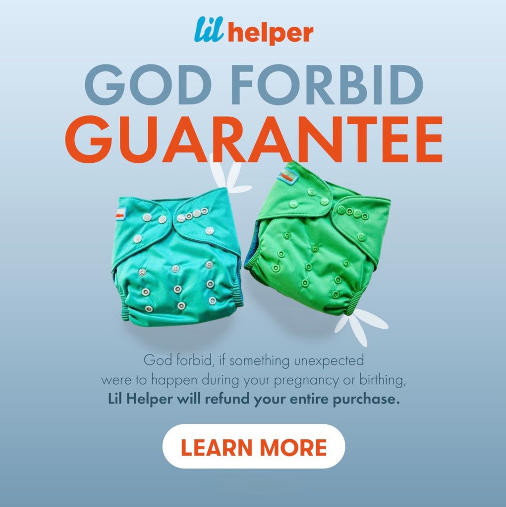 Two green baby diapers with promotional text about a 'God Forbid Guarantee' on a light blue background.