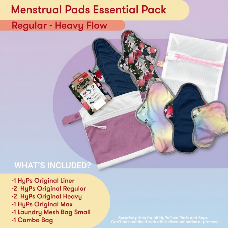 Menstrual pads and accessories on a peach background with product details.