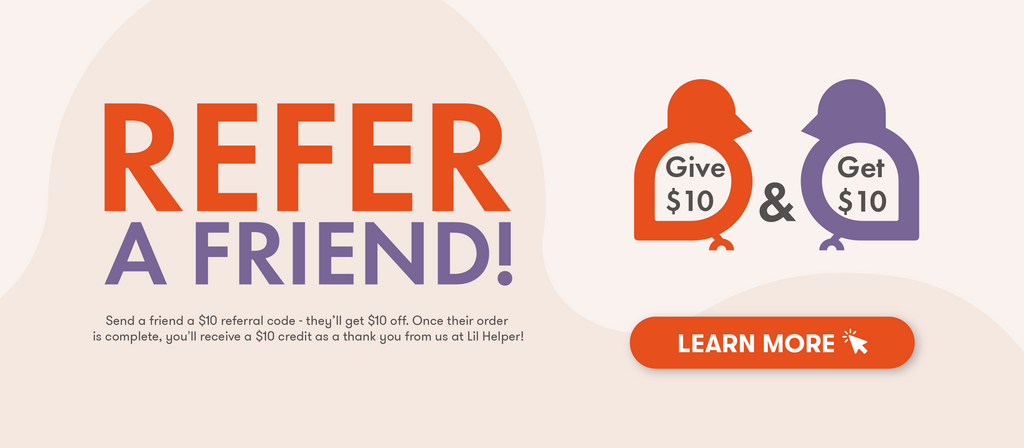 Promotional graphic for referring a friend with a $10 referral code offer.