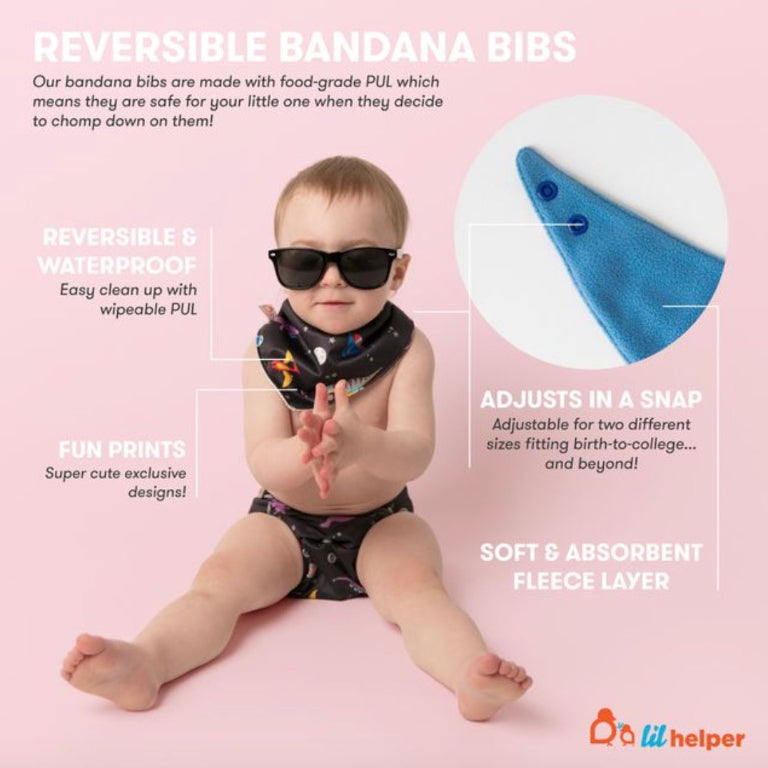 Reversible Bandana Bib Infographic with a baby wearing sunglasses and modeling a bib